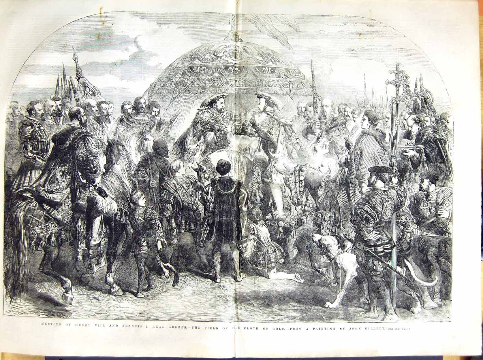 Original Old Antique Print 1855 Meeting Henry Viii Francis I Ardres Fiel 19th