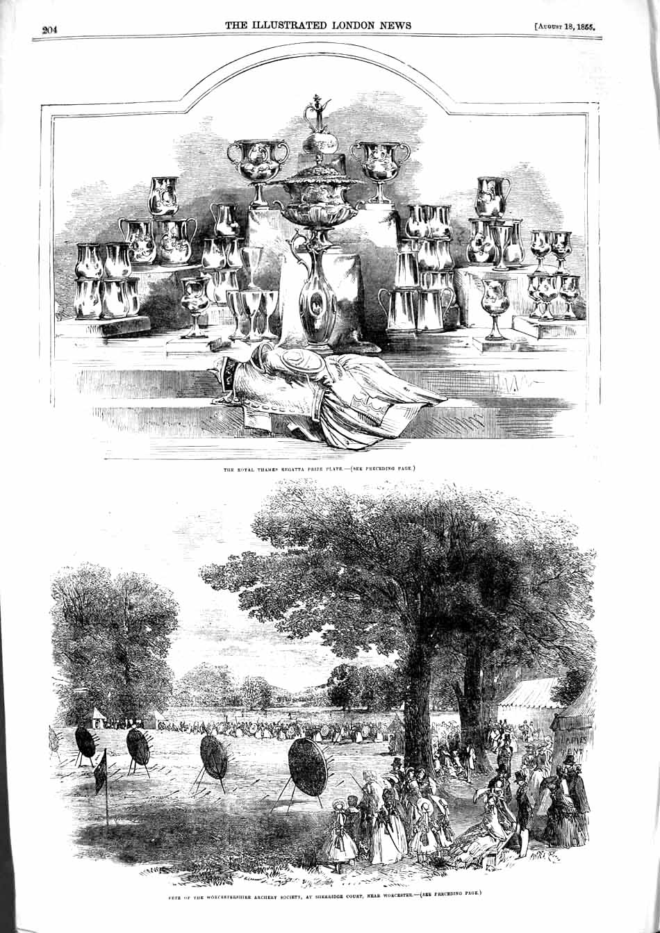 Old Antique Print 1855 Royal Thames Regatta Prize Worcestershire Archery 19th