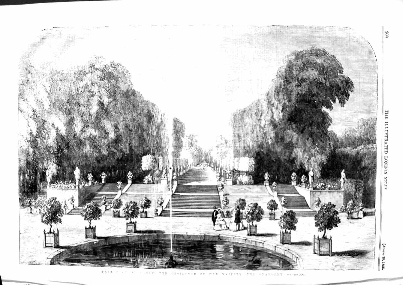 Old Antique Print 1855 Palace St. Cloud Residence Majesty Queen Orangery 19th