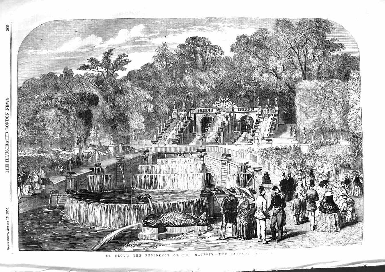 Old Antique Print 1855 St. Cloud Residence Majesty Queen Cascade Fountain 19th