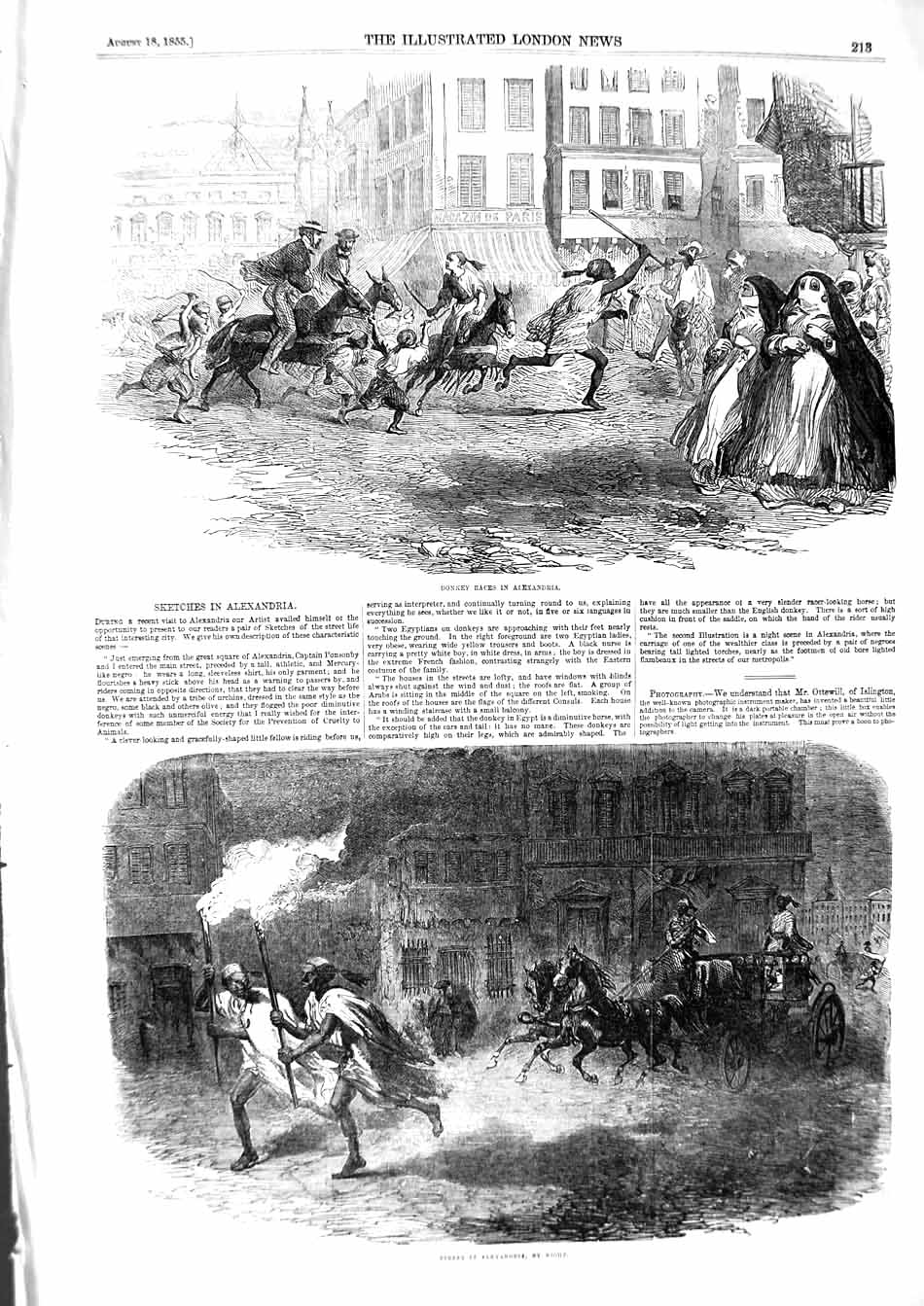 Old Antique Print 1855 Street Scene Alexandria Donkey Races Egypt Natives 19th