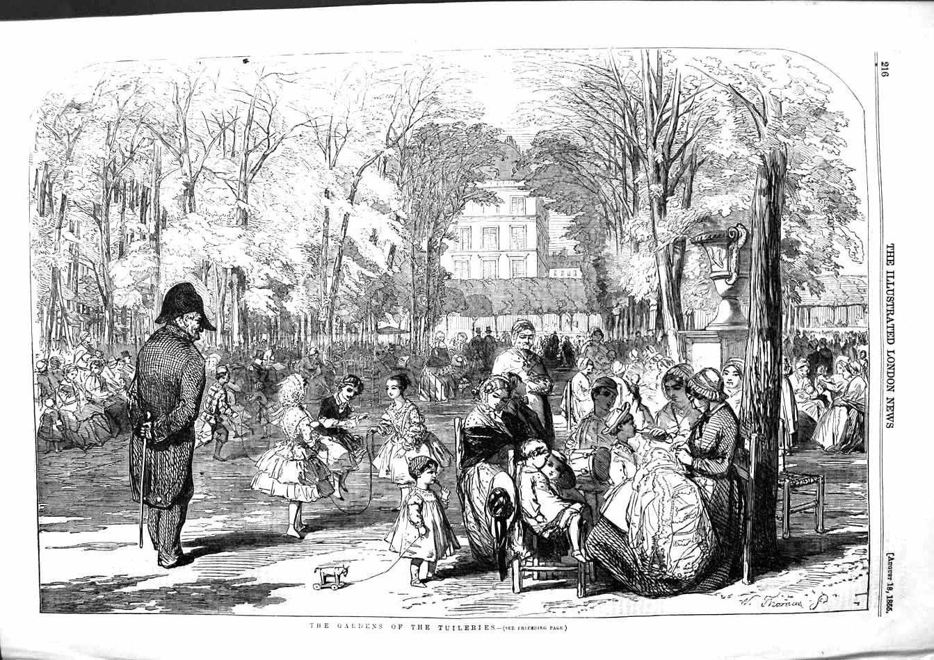 Original Old Antique Print 1855 Scene Gardens Tuileries France Children Picnic