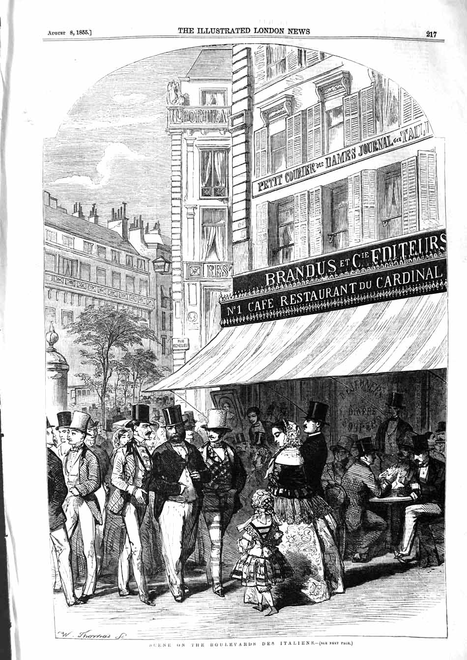 Original Old Antique Print 1855 Scene Boulevards Des Italiens Caf‚ Restaurant