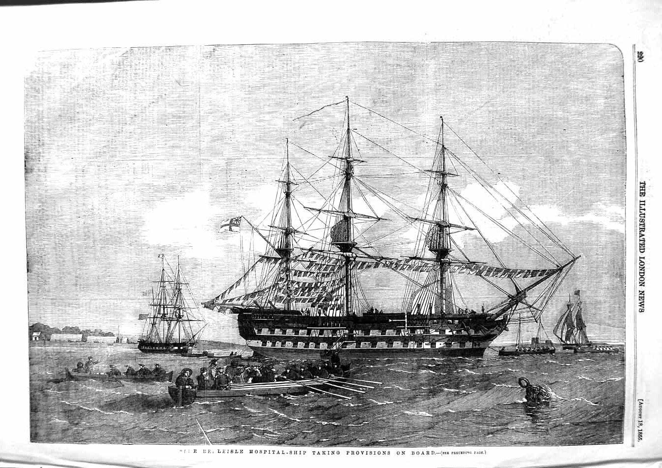 Original Old Antique Print 1855 Hospital Ship War Provisions Boat Sea Victorian