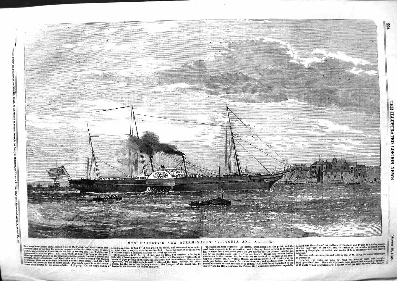 Original Old Antique Print 1855 Her Majesty Queen Steam Yacht Victoria Albe 19th
