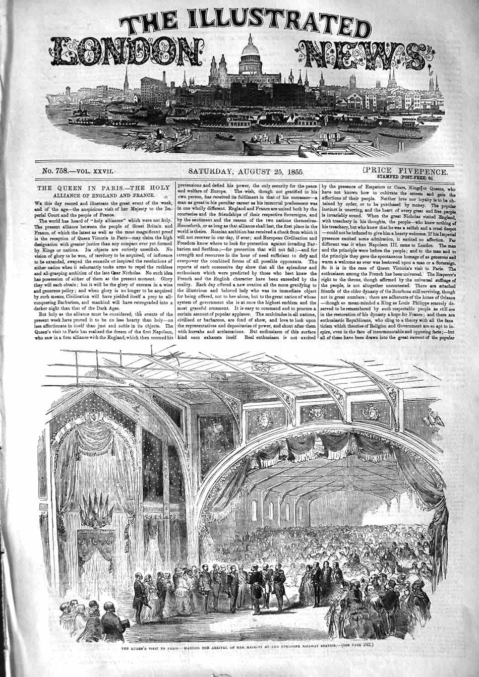 Original Old Antique Print 1855 Queen Paris France Boulogne Railway Station