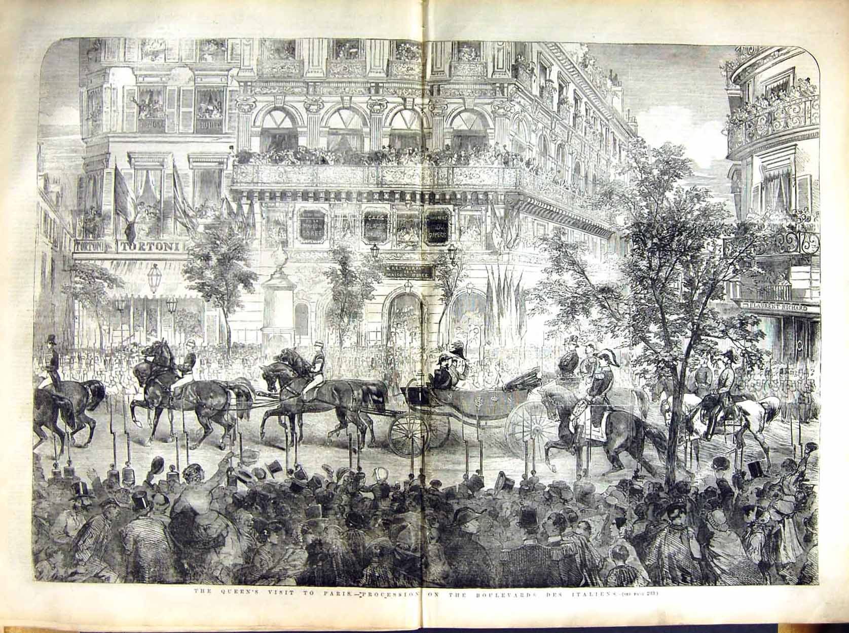Antique Old Print 1855 Queen Visit Paris Boulevards Italiens Palace Cloud 19th