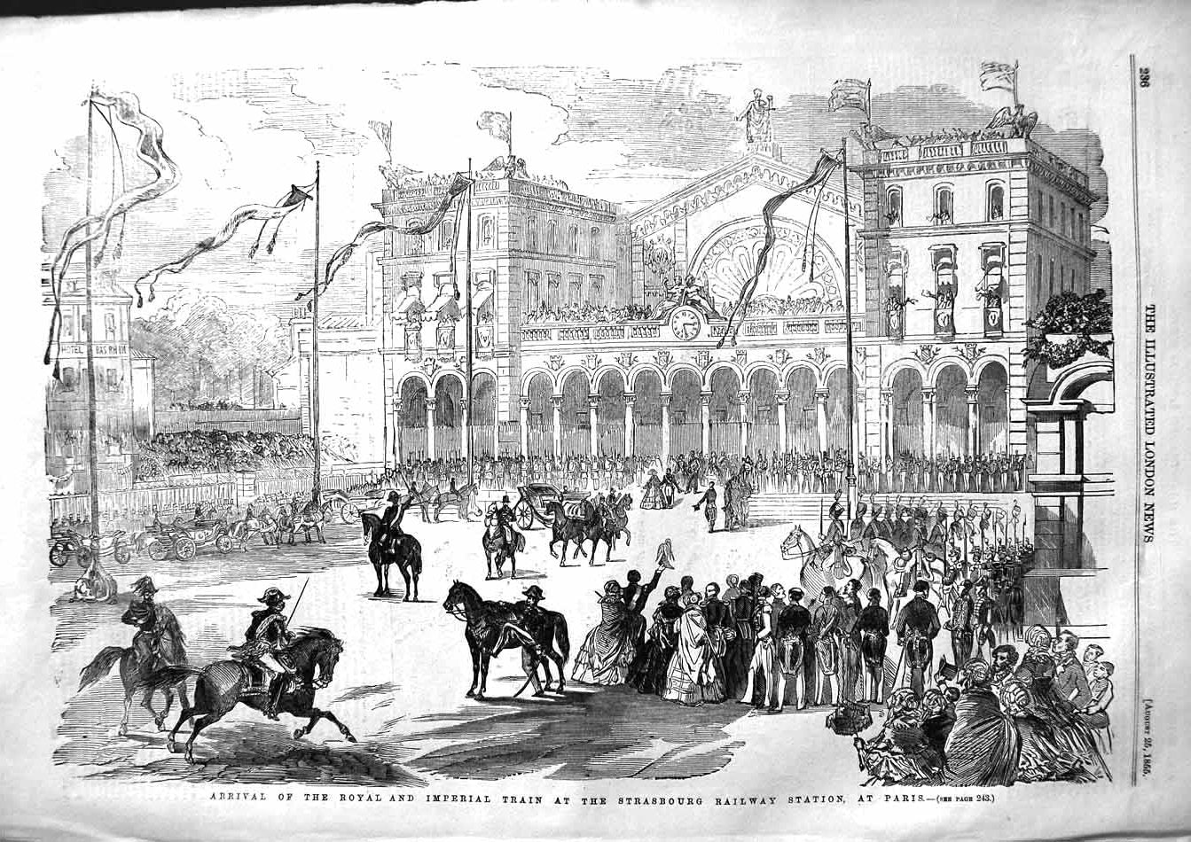 Original Old Antique Print 1855 Reception Strasbourg Railway Station Queen 19th
