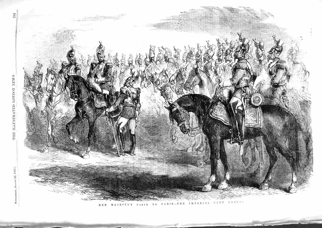 Original Old Antique Print 1855 Queen Visit France Paris Imperial Cent Gardes