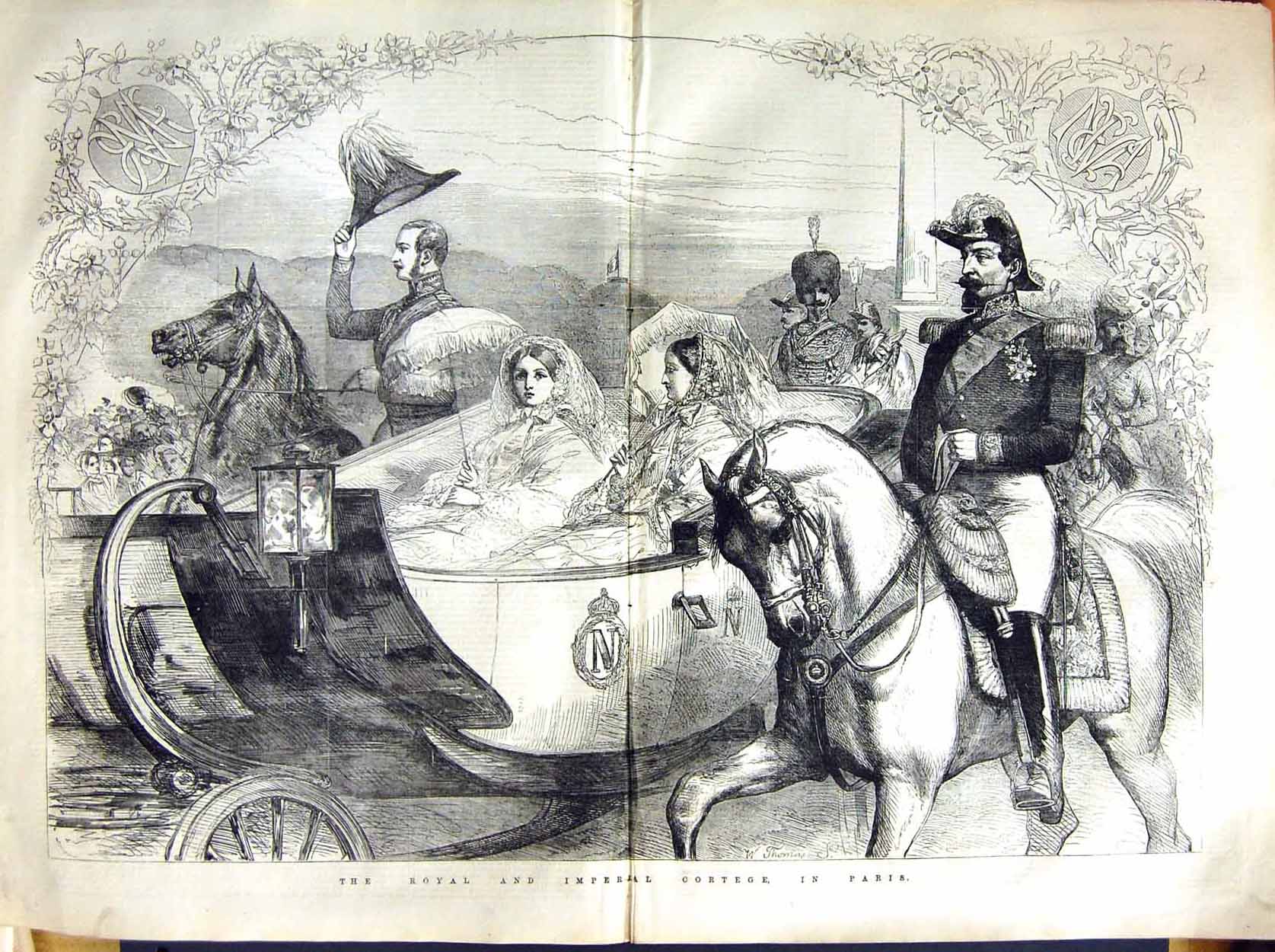 Old Antique Print 1855 Royal Imperial Cortege Paris France Queen Horses 19th