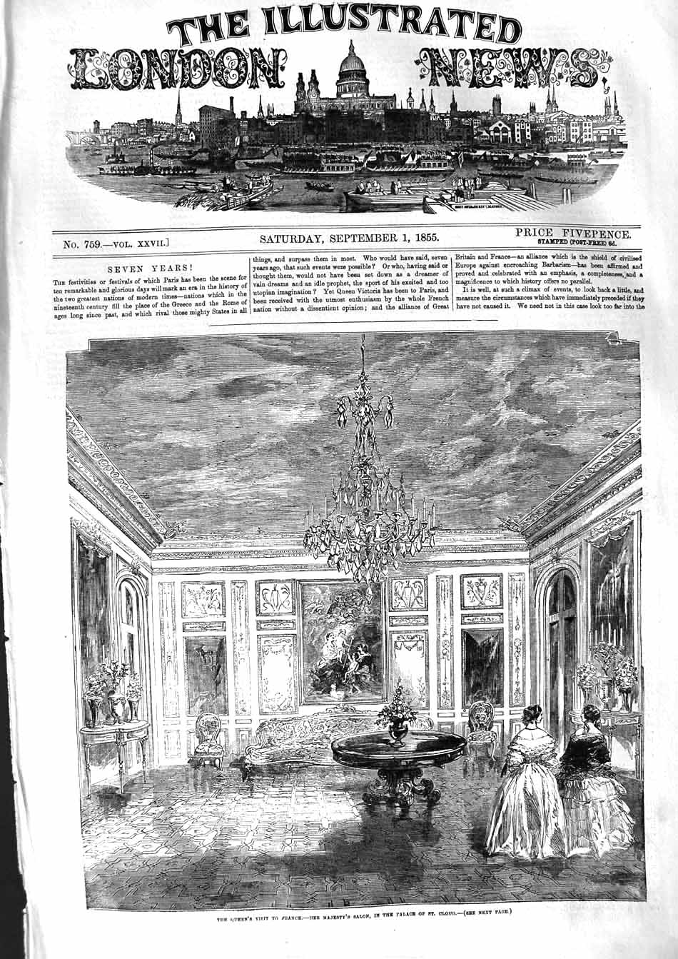 Original Old Antique Print 1855 Queen France Salon Palace St. Cloud Chandelier