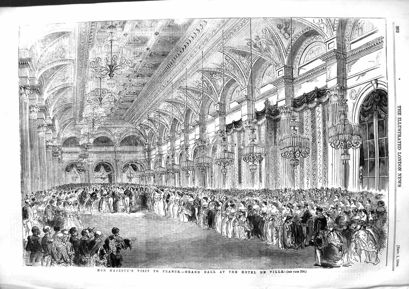 Original Old Antique Print 1855 Queen Visit France Grand Ball Hotel De Ville