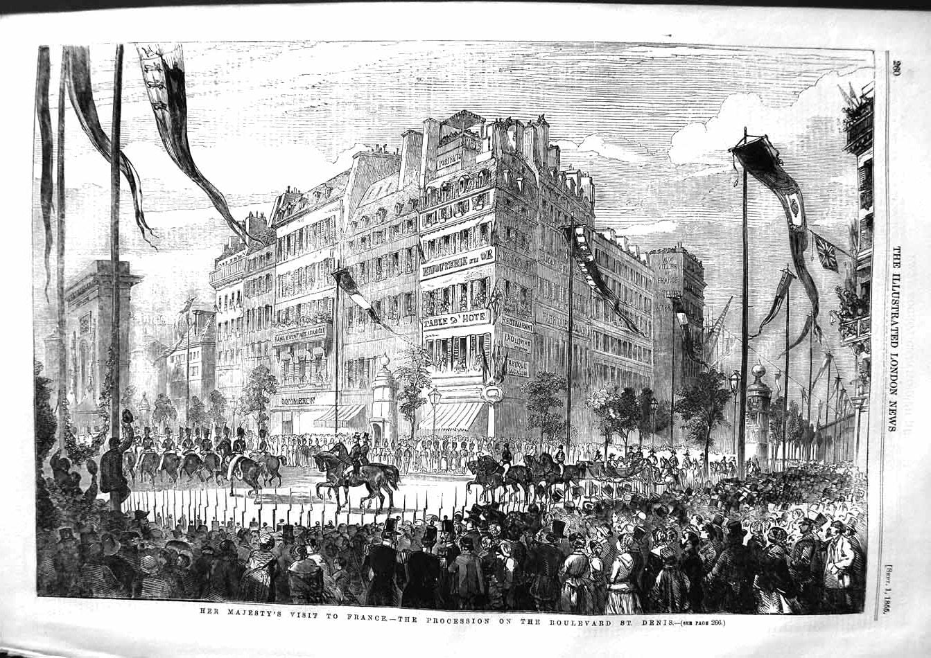 Old Antique Print 1855 Queen Visit France Procession Boulevard St. Denis 19th