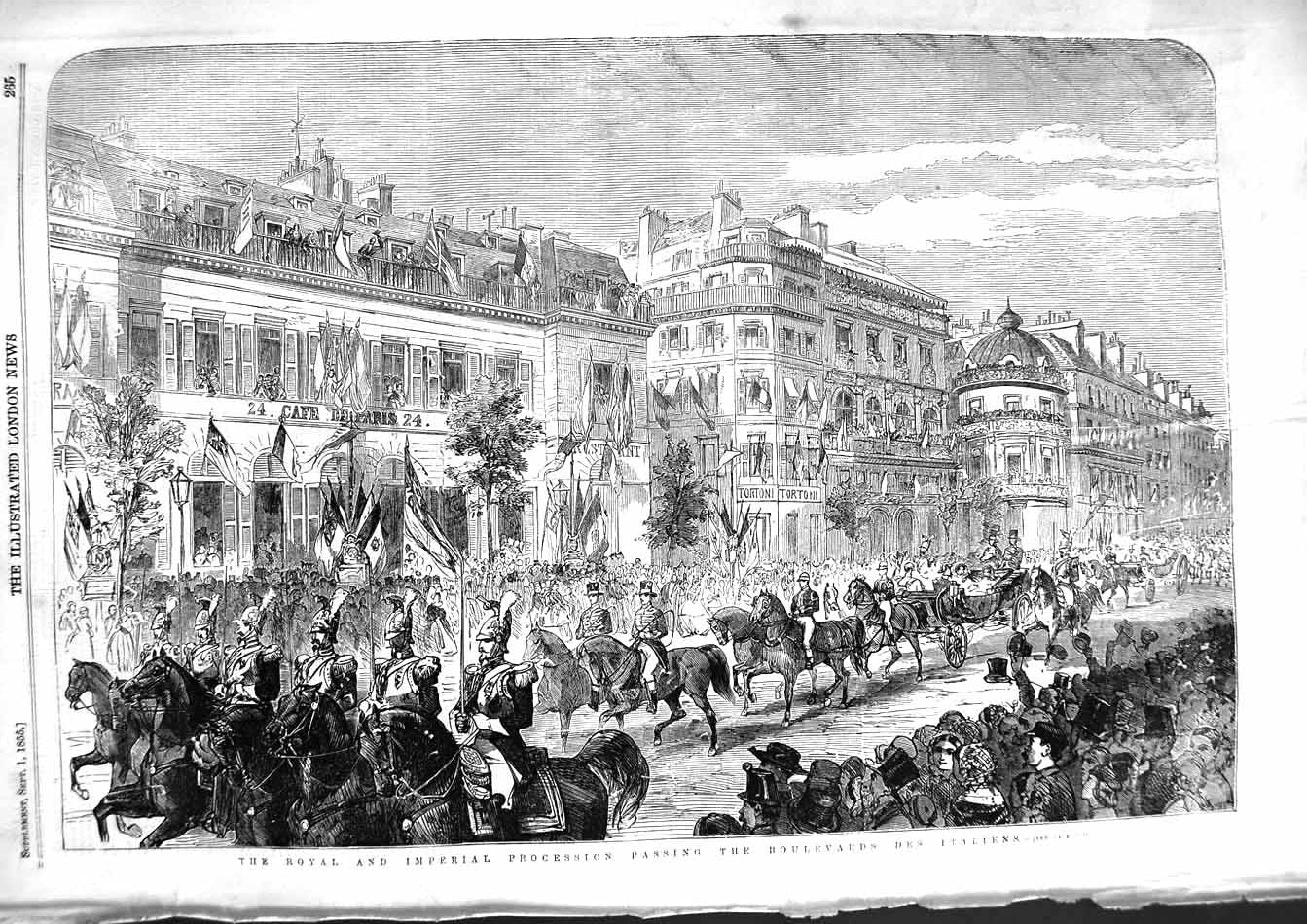 Original Old Antique Print 1855 Royal Imperial Procession Boulevards Italiens