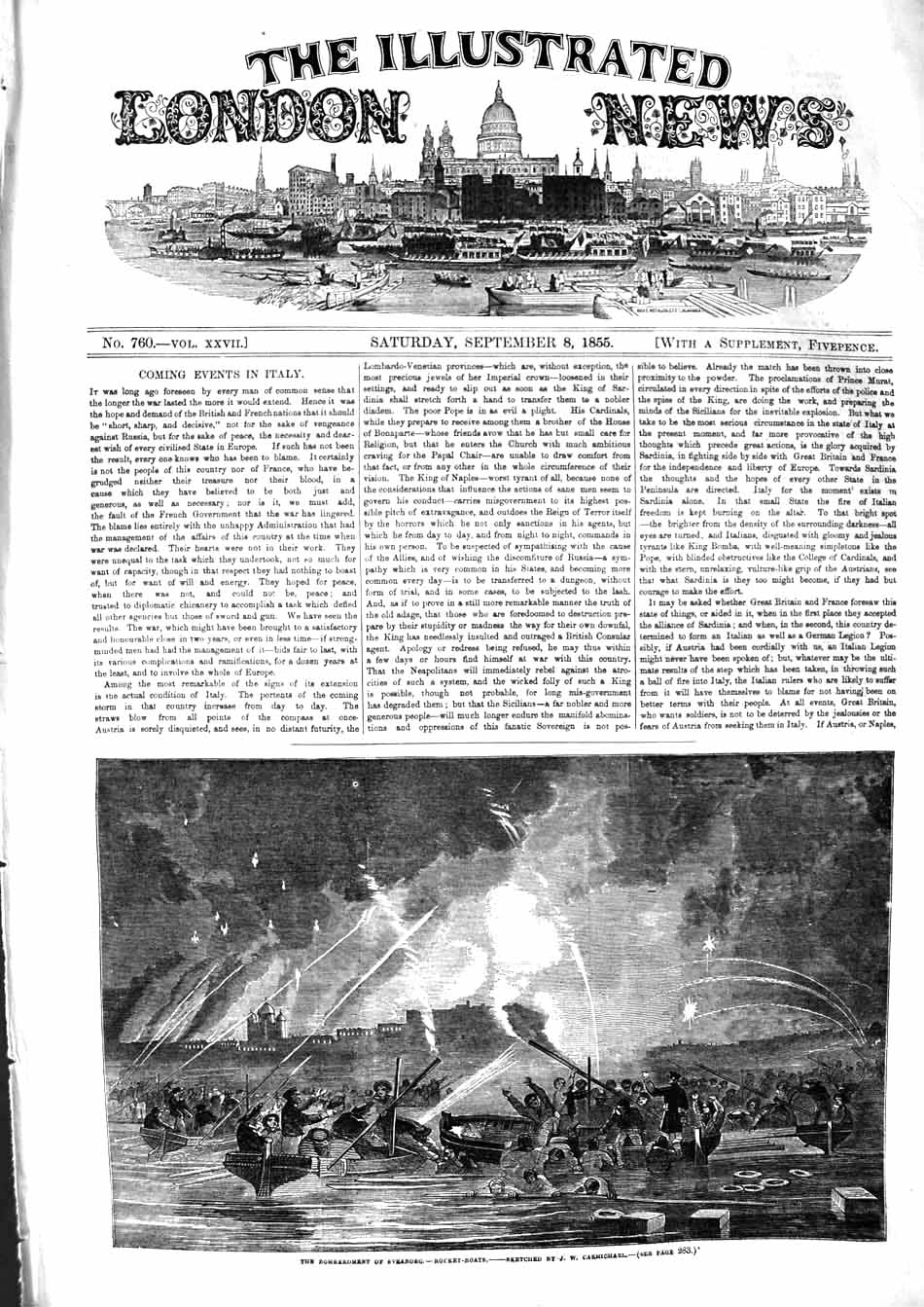Original Old Antique Print 1855 Bombardment Sveaborg Rocket-Boats War Battle