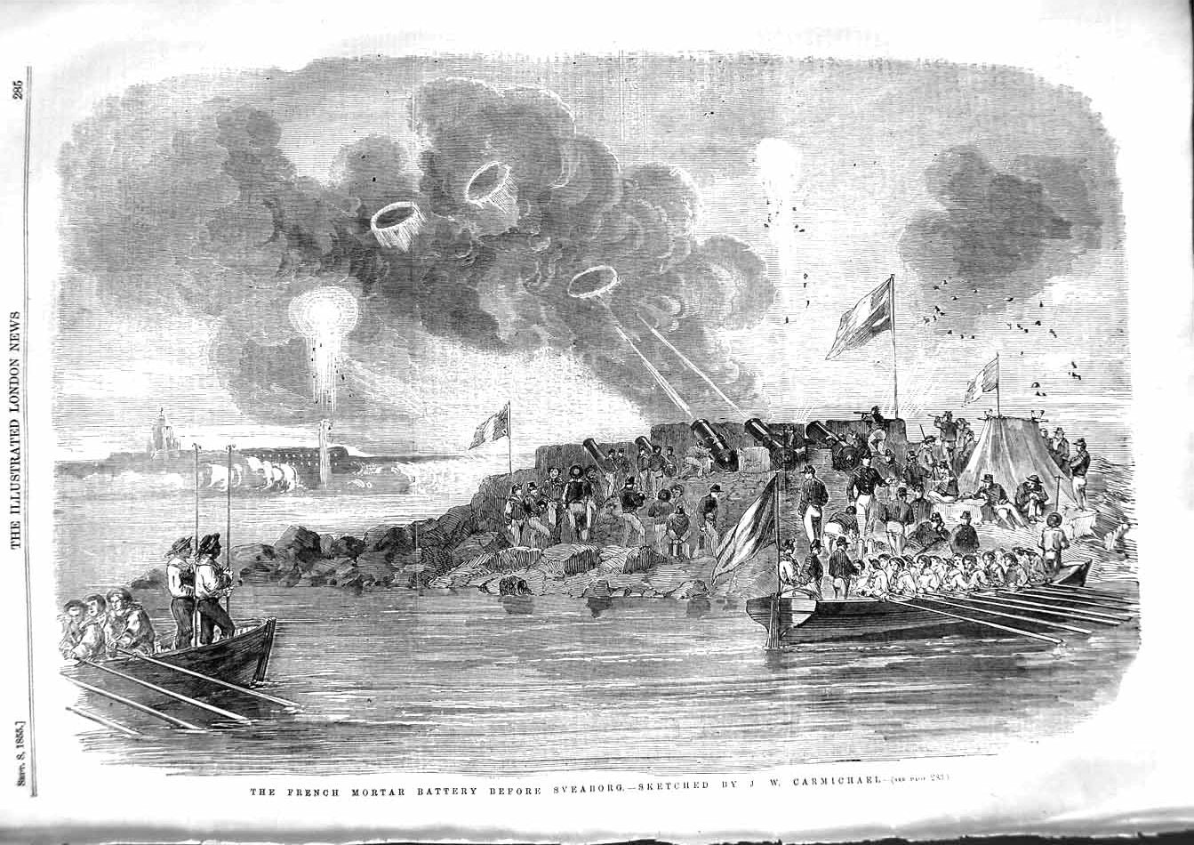 Original Old Antique Print 1855 French Mortar Battery Sveaborg Battle W 19th