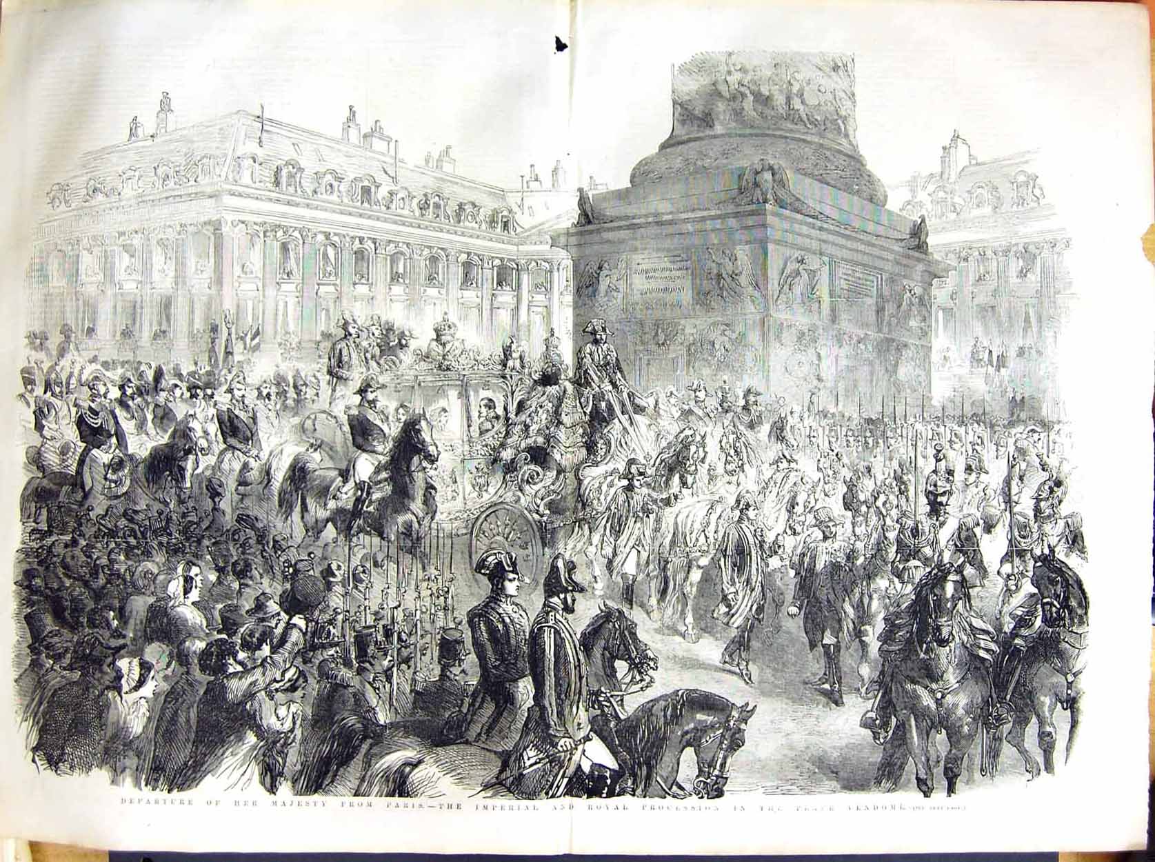 Original Old Antique Print 1855 Imperial Royal Procession Place Vendome Queen