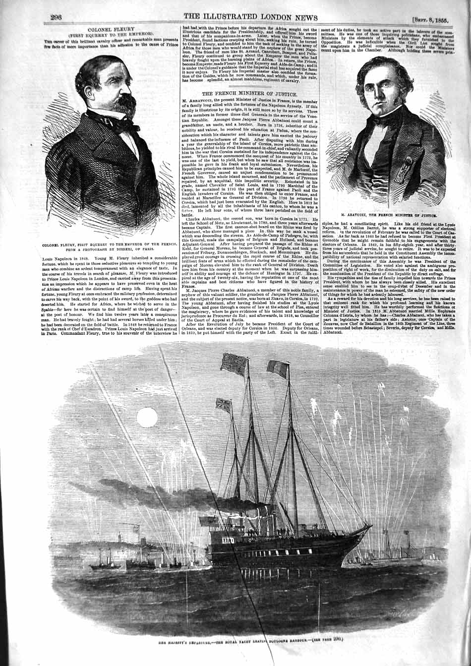 Old Antique Print 1855 Queen Royal Yacht Boulogne Harbour Ship Abatucci 19th