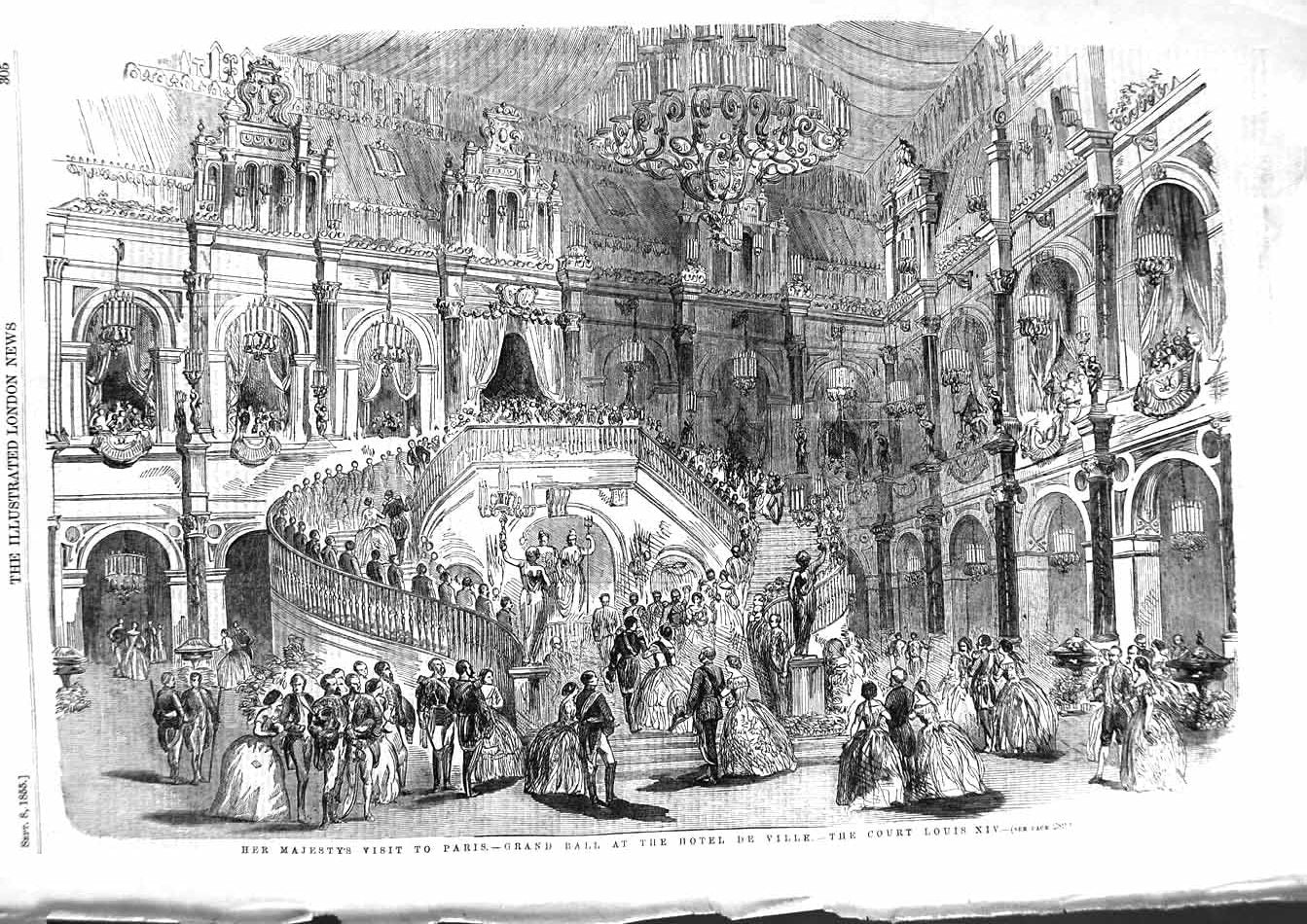 Old Antique Print 1855 Queen Paris Grand Ball Hotel De Ville Court Louis 19th