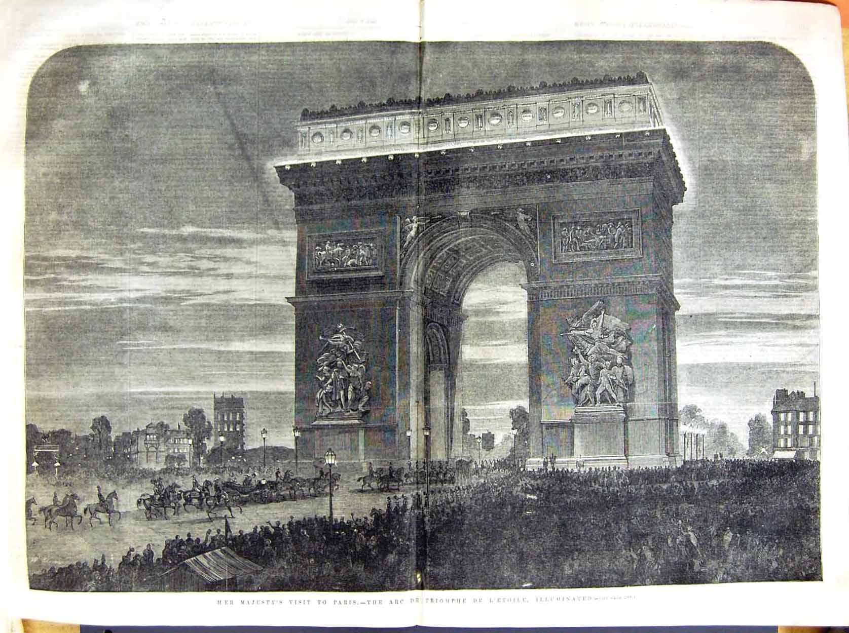 Old Antique Print 1855 Queen Visit France Paris Arc De Triomphe L'Etoile 19th