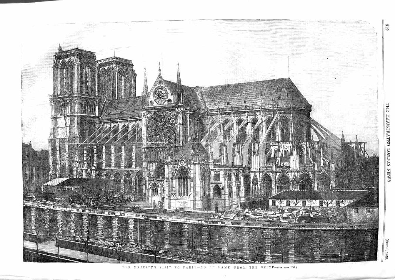 Original Old Antique Print 1855 Queen Visit Paris Notre Dame River Seine France