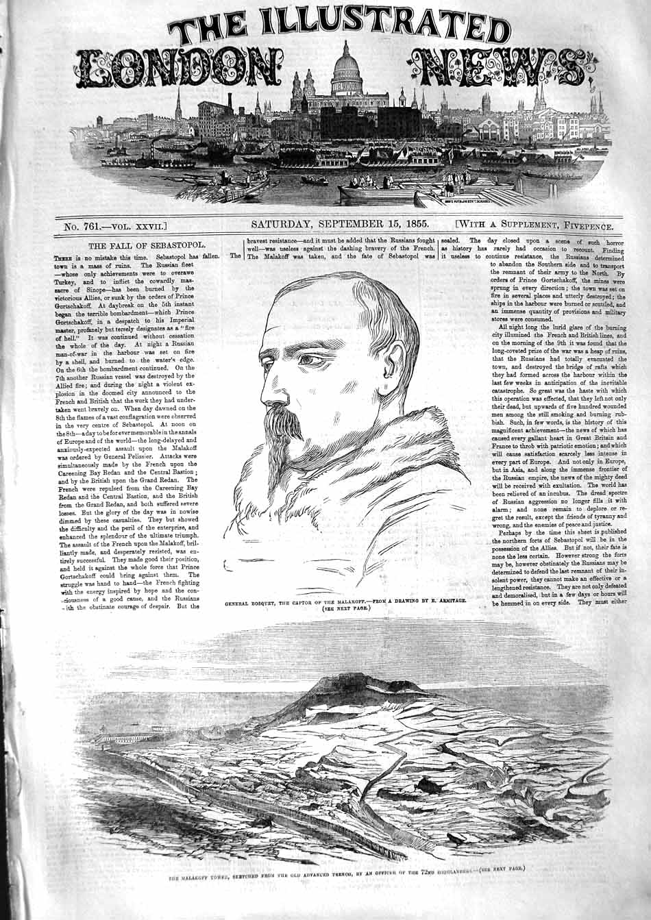 Old Antique Print 1855 General Bosquet Captor Malakoff Tower Highlanders 19th