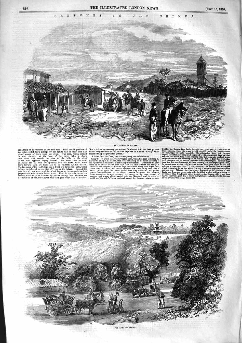 Original Old Antique Print 1855 Crimea War Baidar Village Scene Mo Victorian