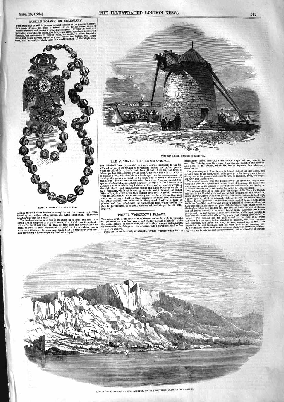 Original Old Antique Print 1855 Palace Prince Woronzow Aloupka Crimea Seb 19th