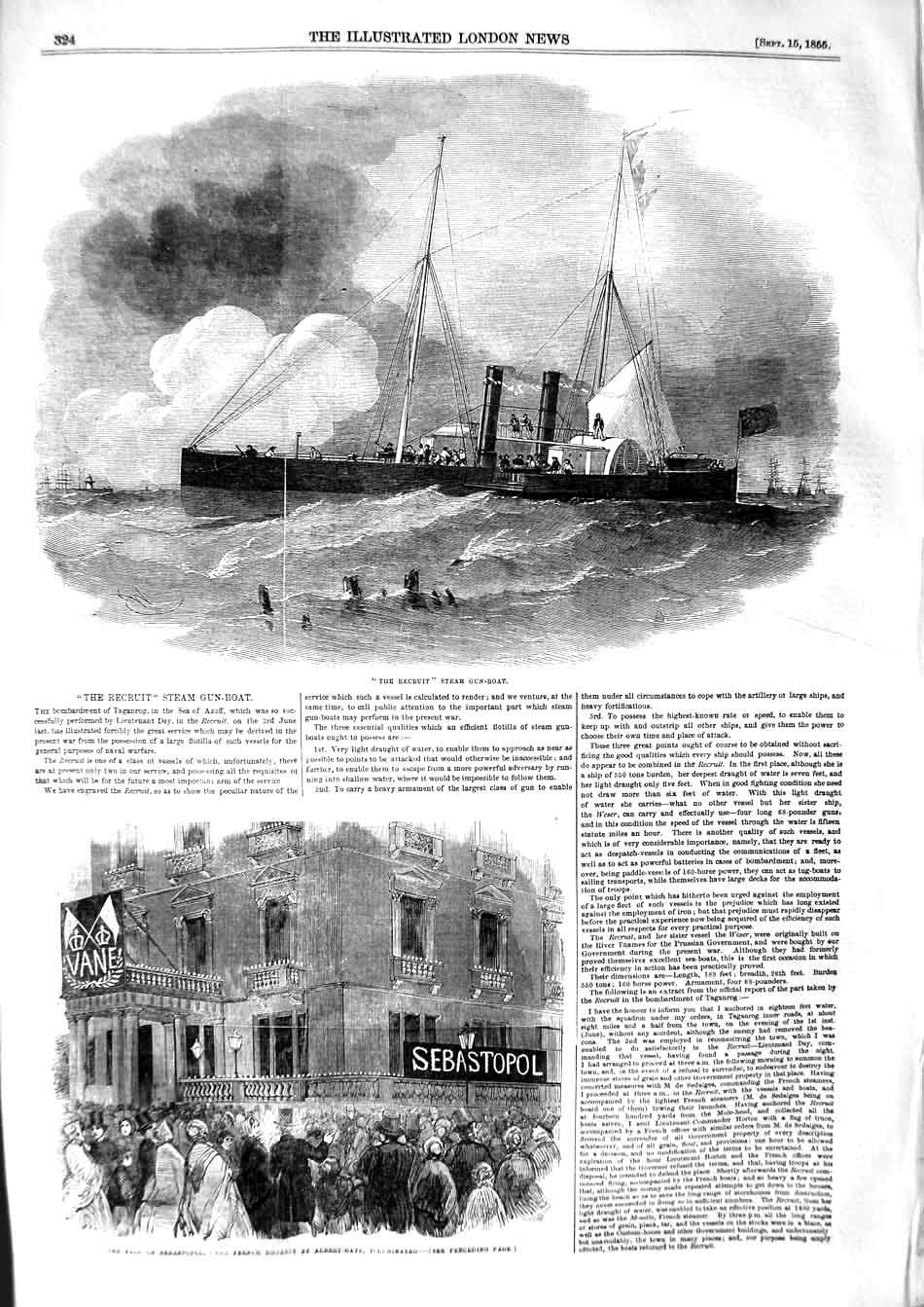 Original Old Antique Print 1855 Recruit Steam Gun Boat Sebastopol Albert Gate
