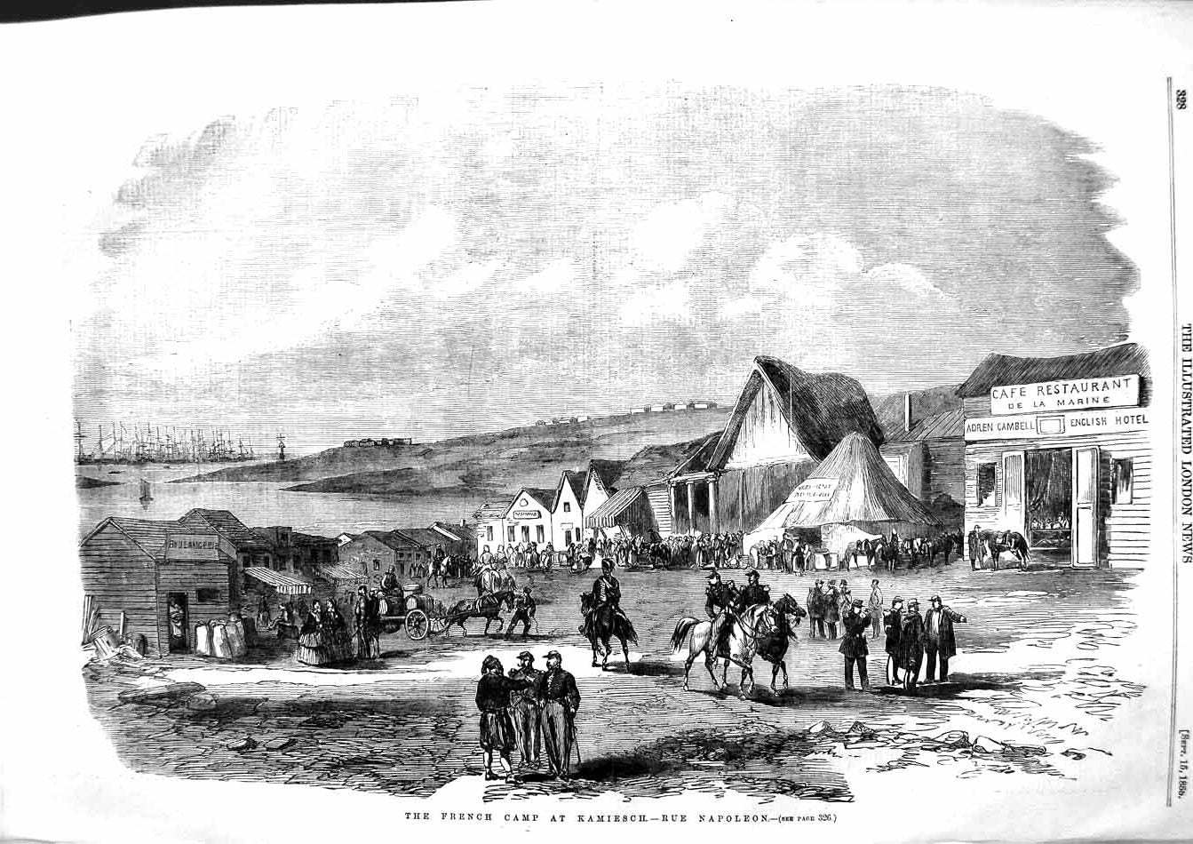 Old Antique Print 1855 French Camp Kamiesch Rue Napoleon Ships War Army 19th
