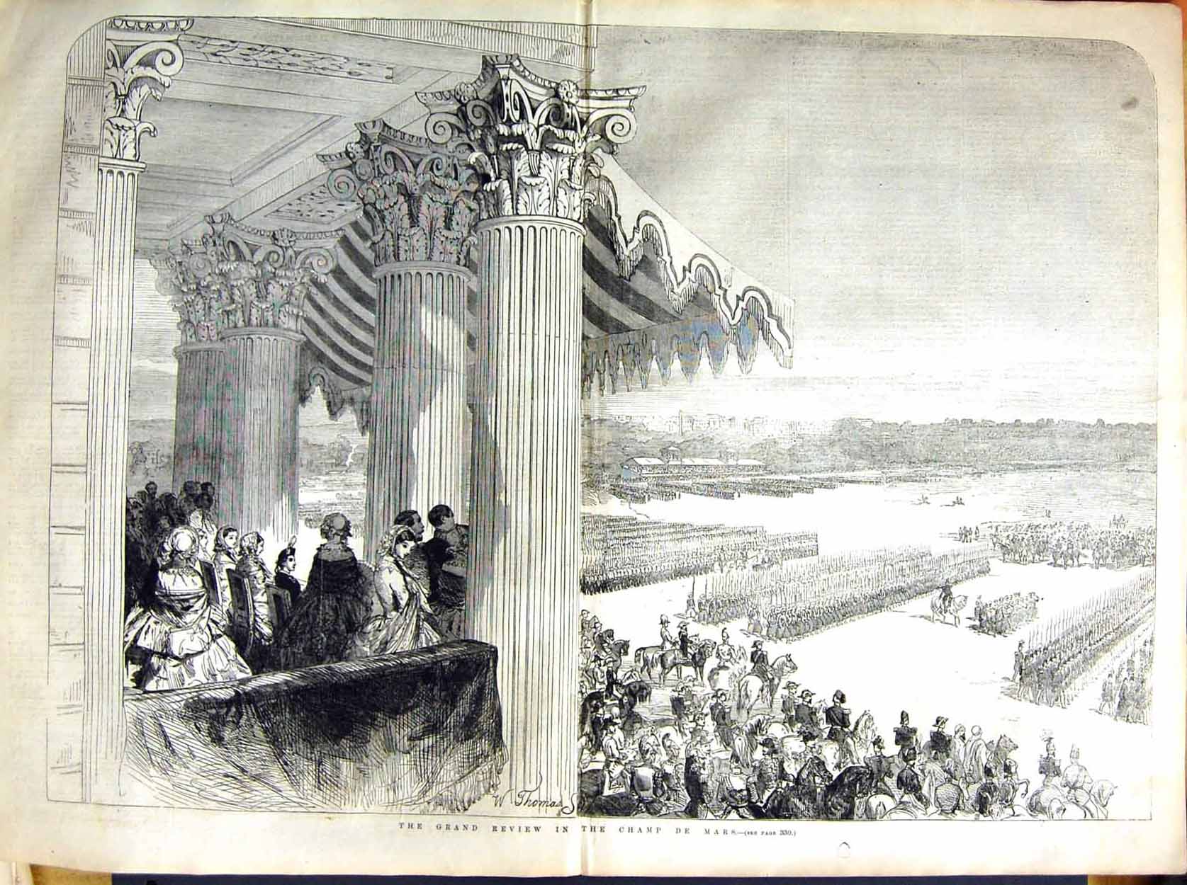 Original Old Antique Print 1855 Grand Review Champ De Mars France Siers 19th