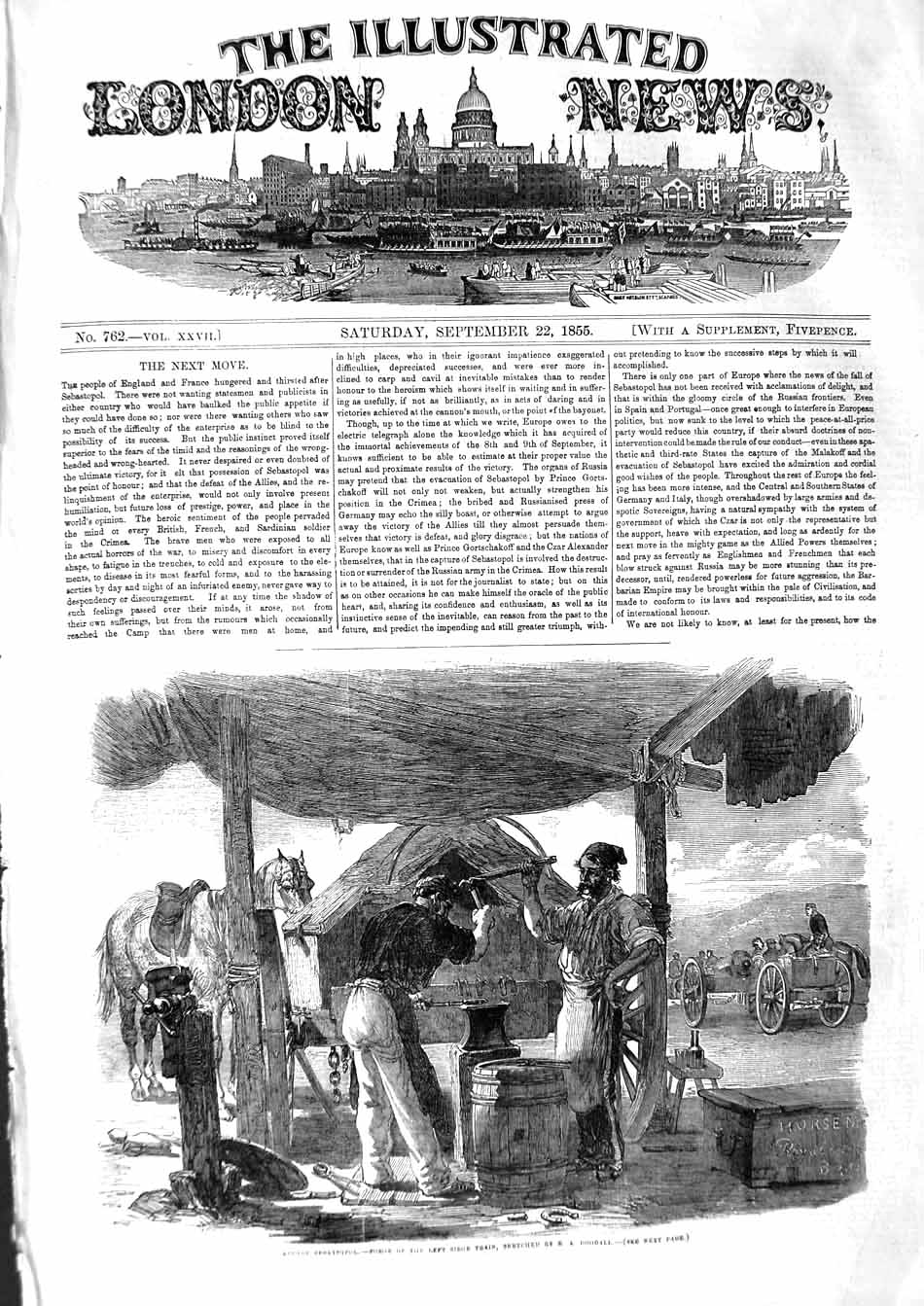 Original Old Antique Print 1855 Sebastopol War Forge Siege Train Horse Shoeing