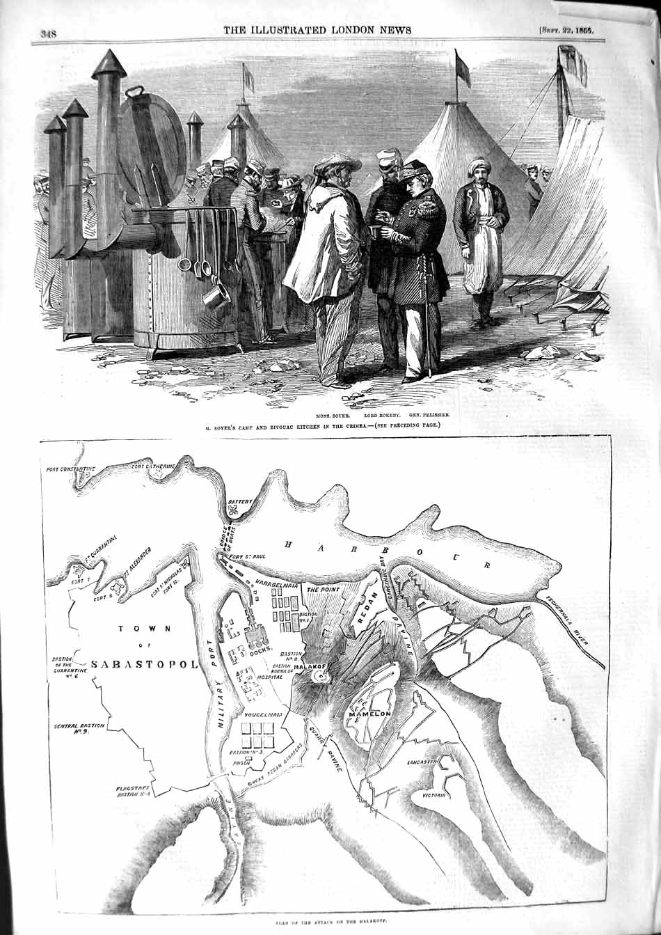 Original Old Antique Print 1855 Soyer'S Camp Bivouac Crimea War Plan Malakoff