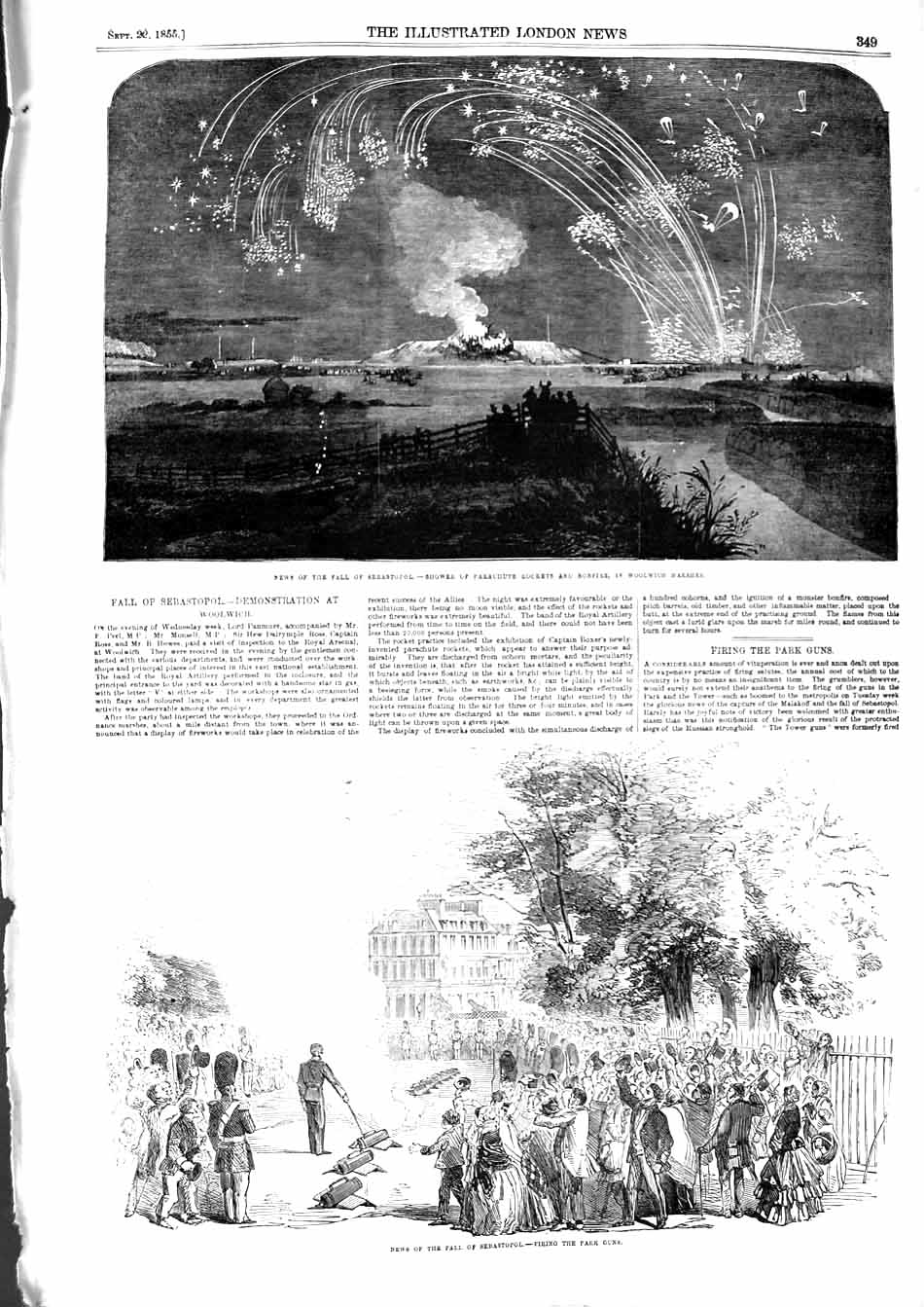 Original Old Antique Print 1855 Parachute Rockets Bonfire Woolwich Sebastopol