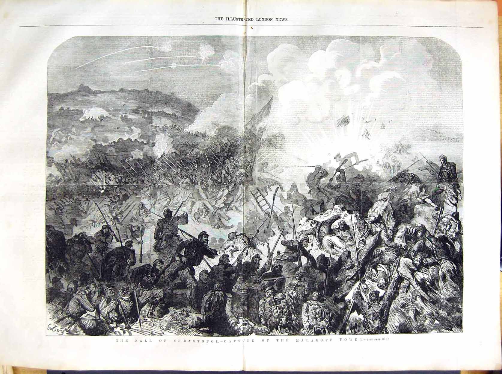 Original Old Antique Print 1855 Fall Sebastopol Capture Malakoff Tower War