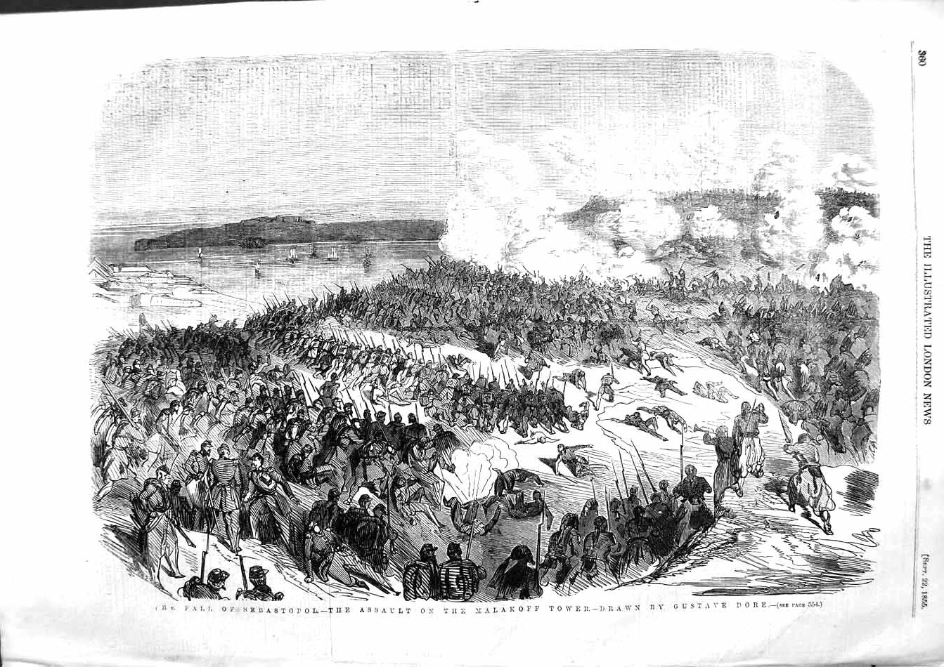 Original Old Antique Print 1855 Fall Sebastopol Assault Arms Malakoff Tow 19th