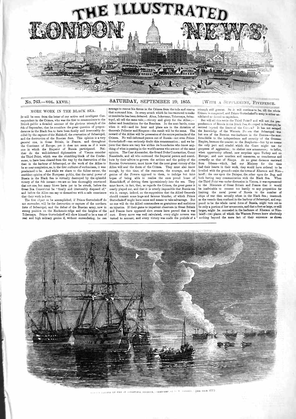 Original Old Antique Print 1855 Russian Frigate War Ship Sebastopol Harbour