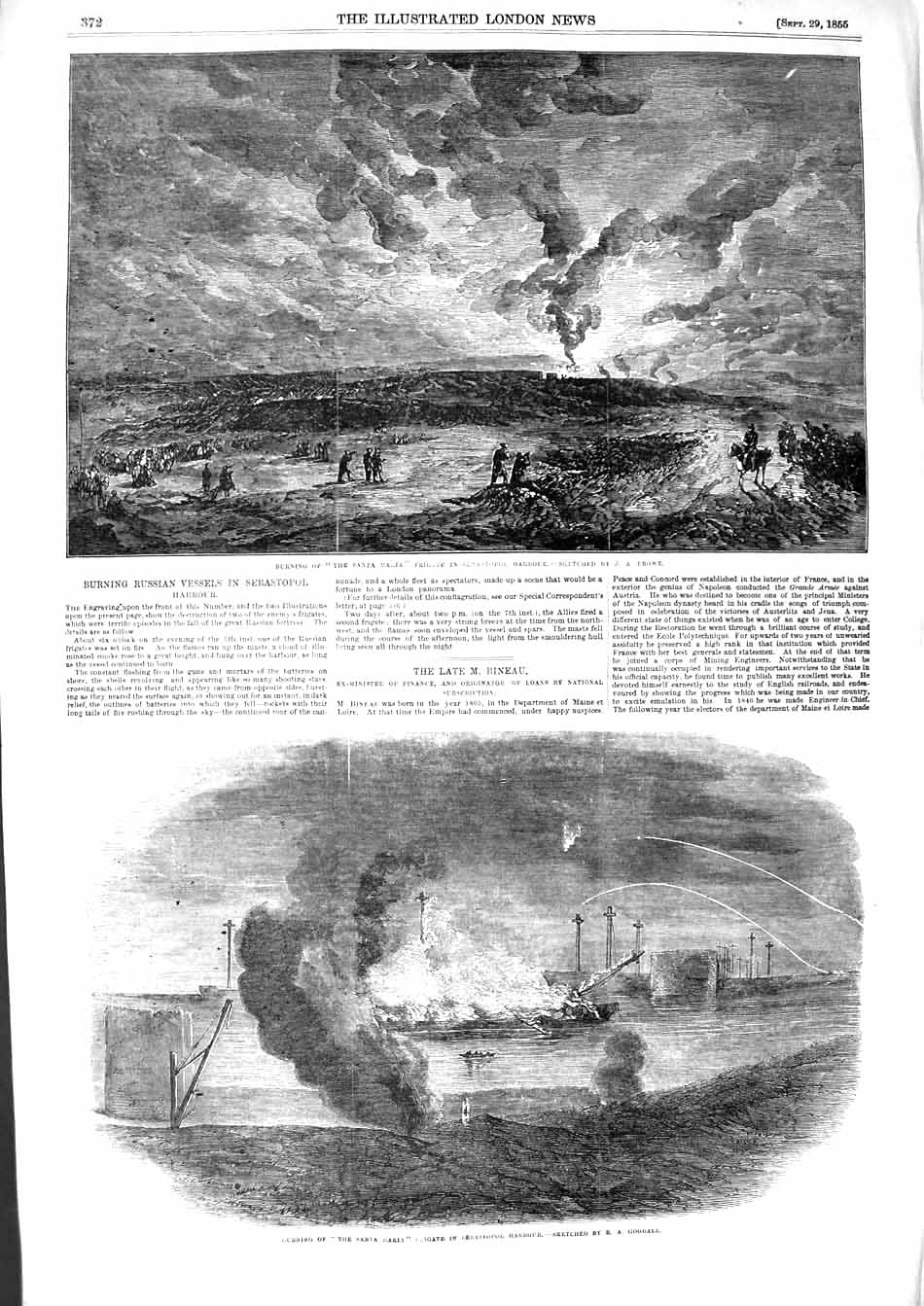 Original Old Antique Print 1855 Fire Santa Maria War Ship Frigate Seabstopol