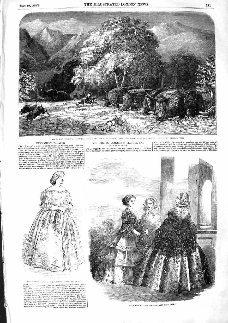 Old Antique Print 1855 Paris Fashion Blanche Fane Gordon Cumming Elephant 19th