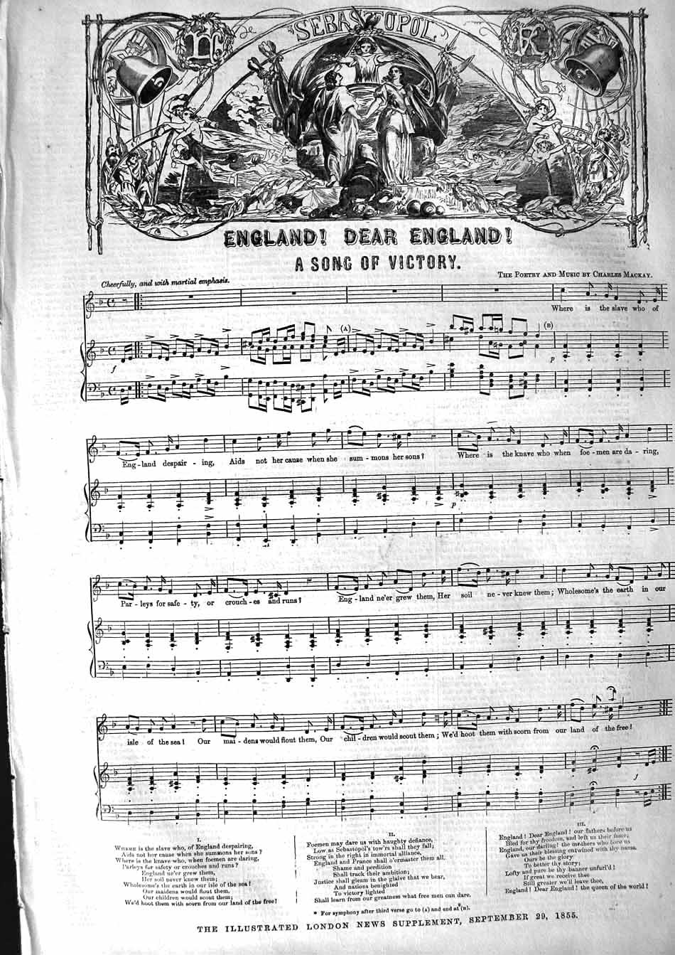 Old Antique Print 1855 Sheet Music Song England Song Victory War Mackay 19th