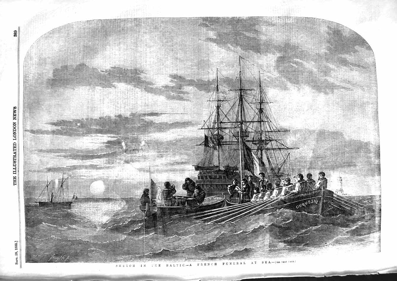 Original Old Antique Print 1855 Scene Baltic Sea French Funeral Ship Boats 19th