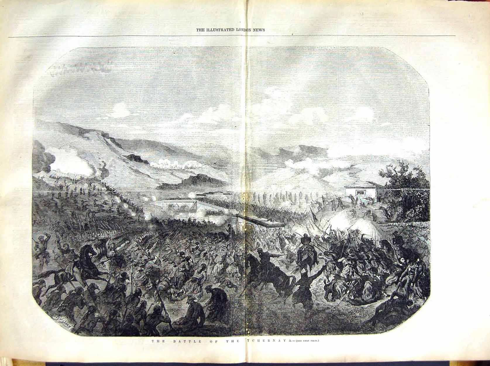 Original Old Antique Print 1855 Battle Tchernaya War Siers HorsesVictorian