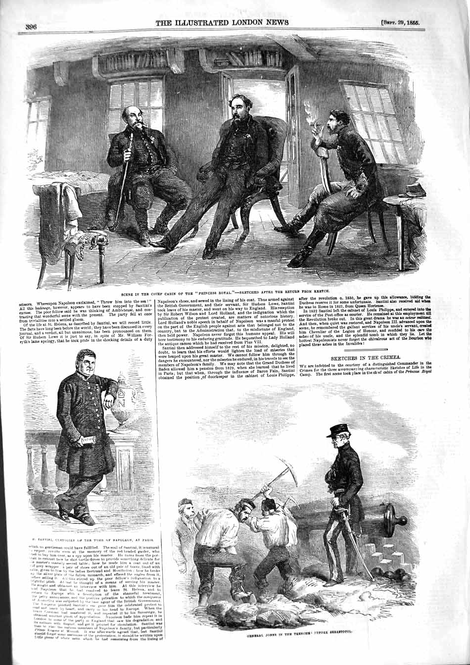 Old Antique Print 1855 Ship Cabin Princess Royal Santini Jones War Trench 19th