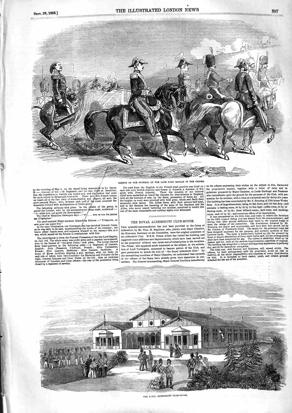 Original Old Antique Print 1855 Funeral Raglan Crimea War Aldershott Club-House