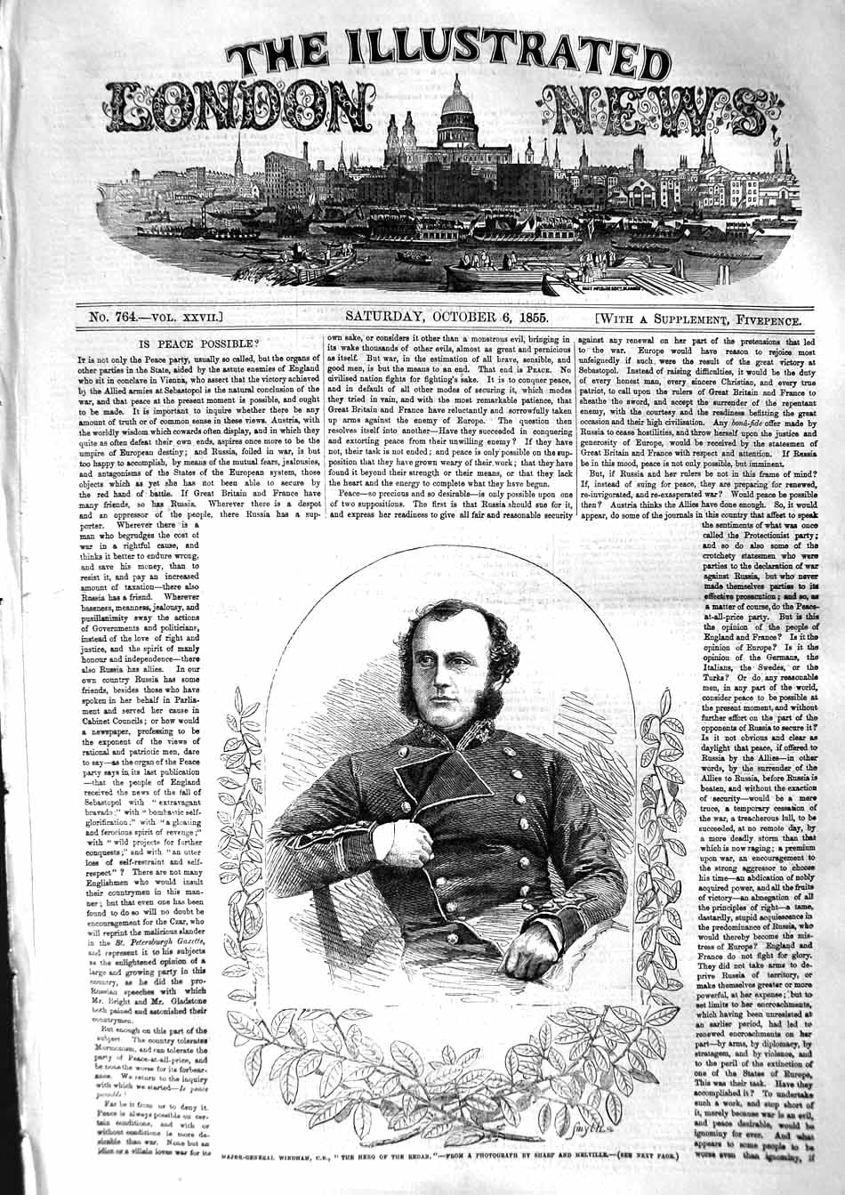 Original Old Antique Print 1855 Portrait Major-General Windham Hero Redan War