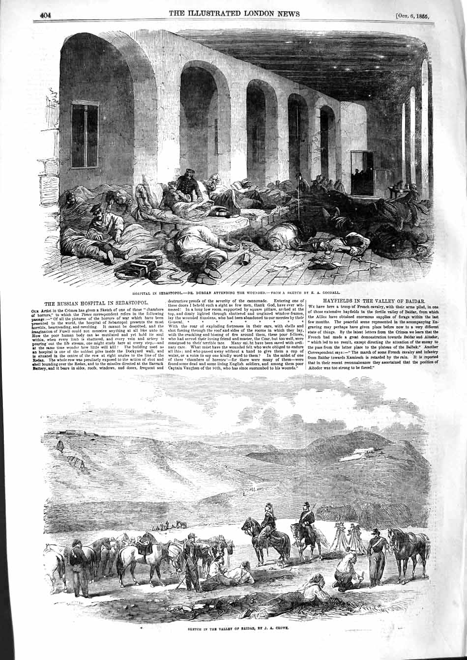 Original Old Antique Print 1855 Hospital Seabastopol War Durgan Valley Baidar
