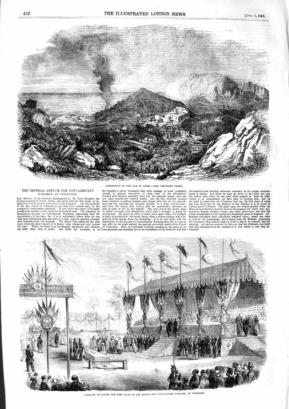 Original Old Antique Print 1855 Waterspout Isle Capri Asylum Workmen Vincennes