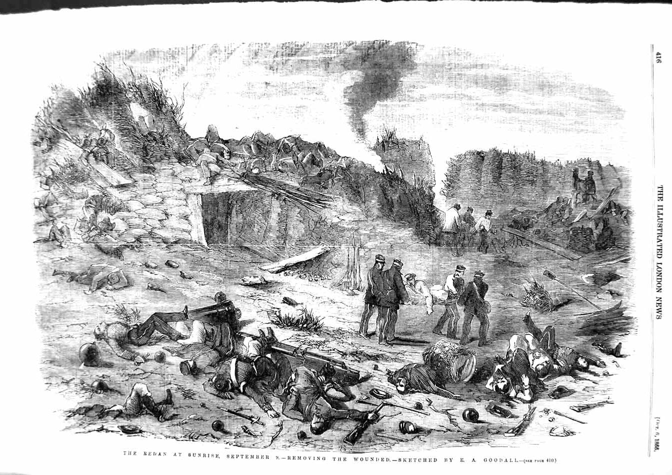 Original Old Antique Print 1855 Redan Sunrise Dead Injured Siers War Goodall