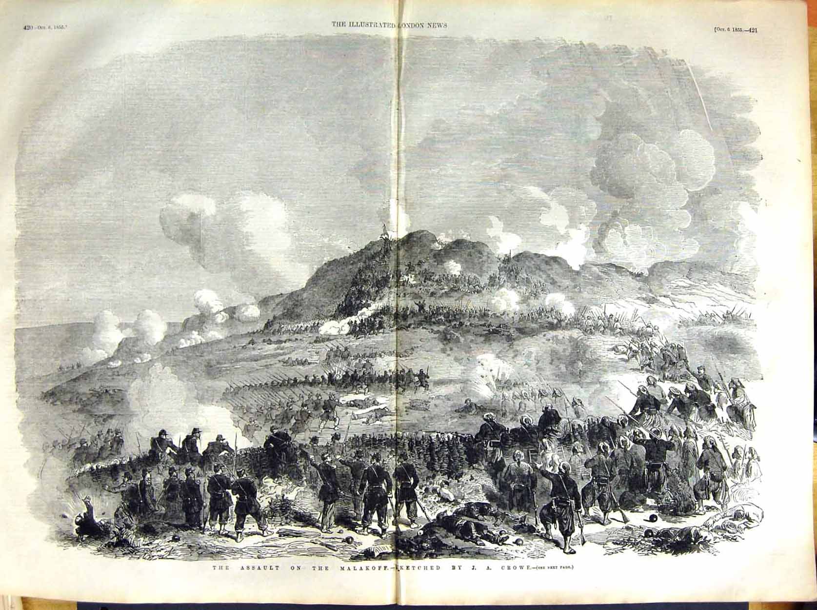 Original Old Antique Print 1855 Assault Malakoff War Siers Battle Fine Art