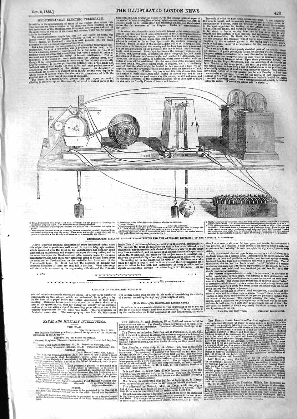 Old Antique Print 1855Mediterranean Electric Telegraph Apparatus Velocity 19th